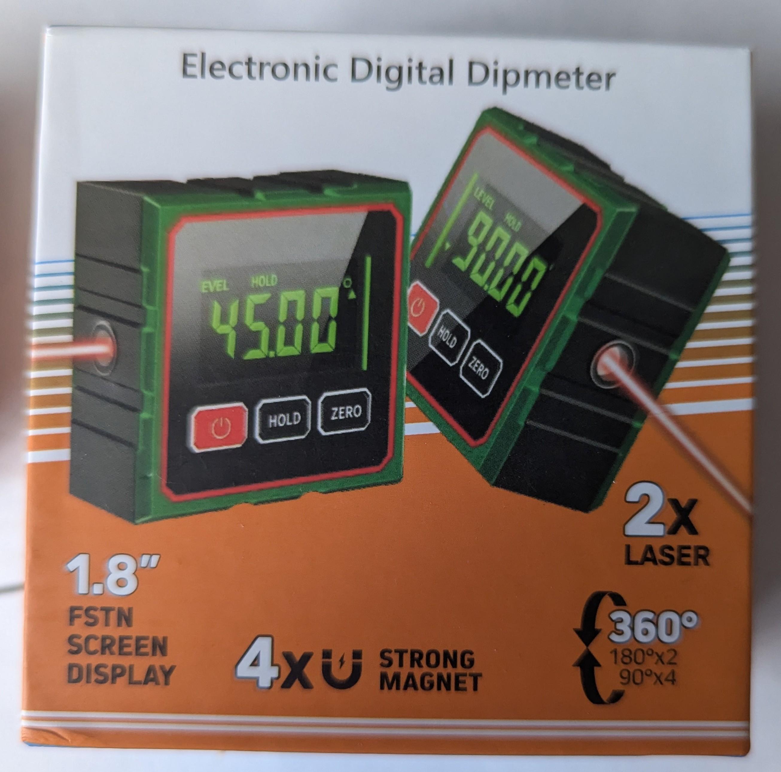 Orange and white box with a picture of a square digital device on the front showing laser beams coming out the side. It&rsquo;s an electronic digital dip meter