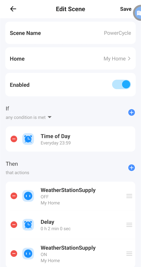 Screenshot of the eWelink / Sonoff software with a scene to control the status of the plug
