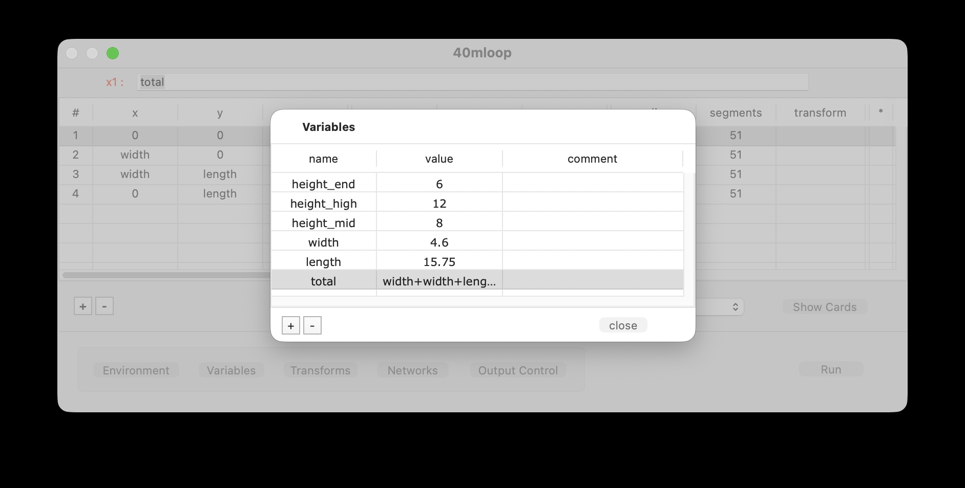 CocoaNEC 2.0 Spreadsheet Variables Window